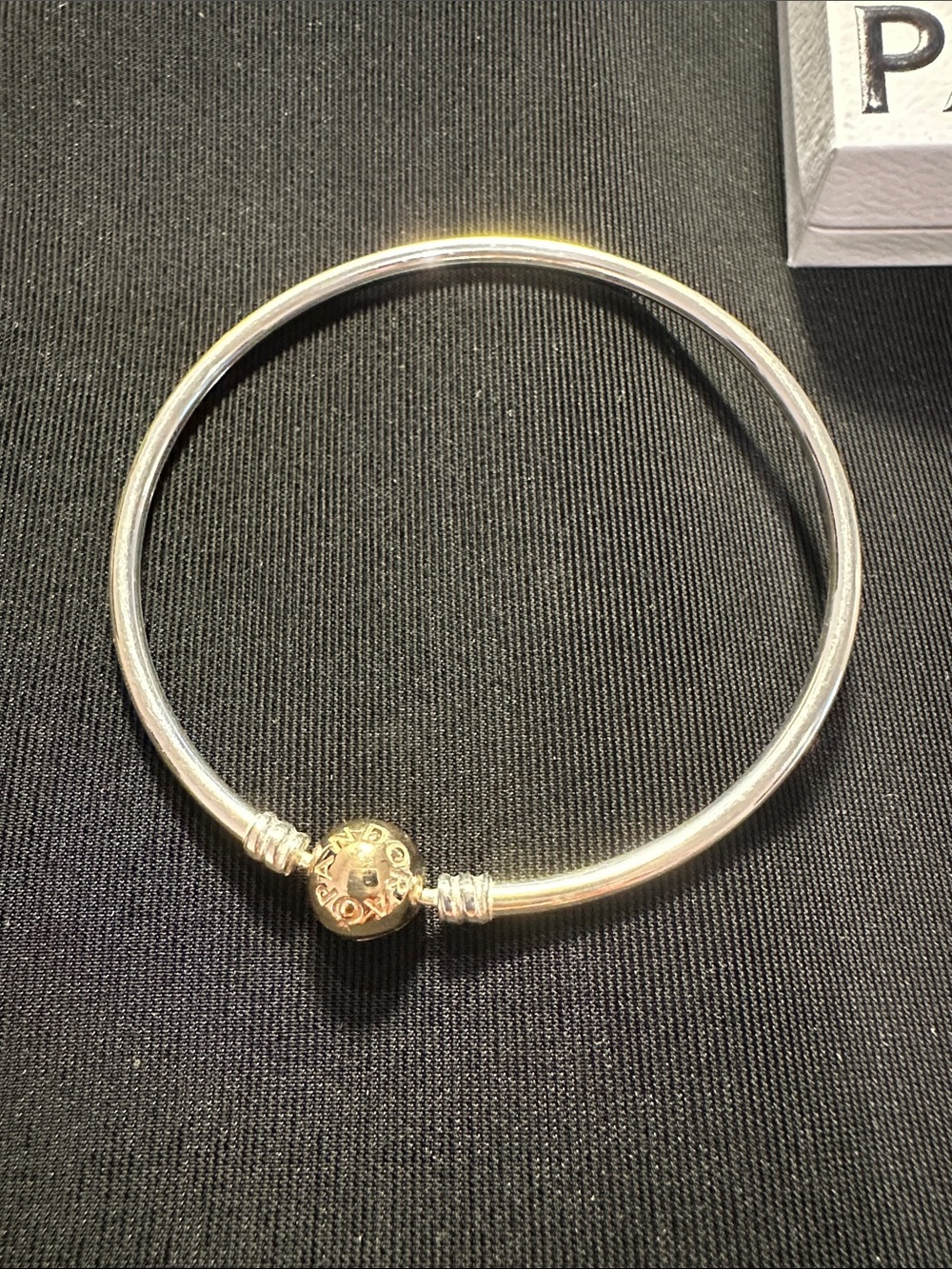 Authentic Pandora (925) Sterling Silver Bangle with 14K Gold Logo Ball Clasp
